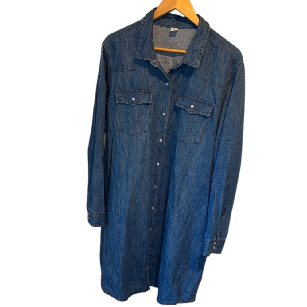 Blue Denim Shirt Dress snap button up long sleeve cotton soft Jean xxl